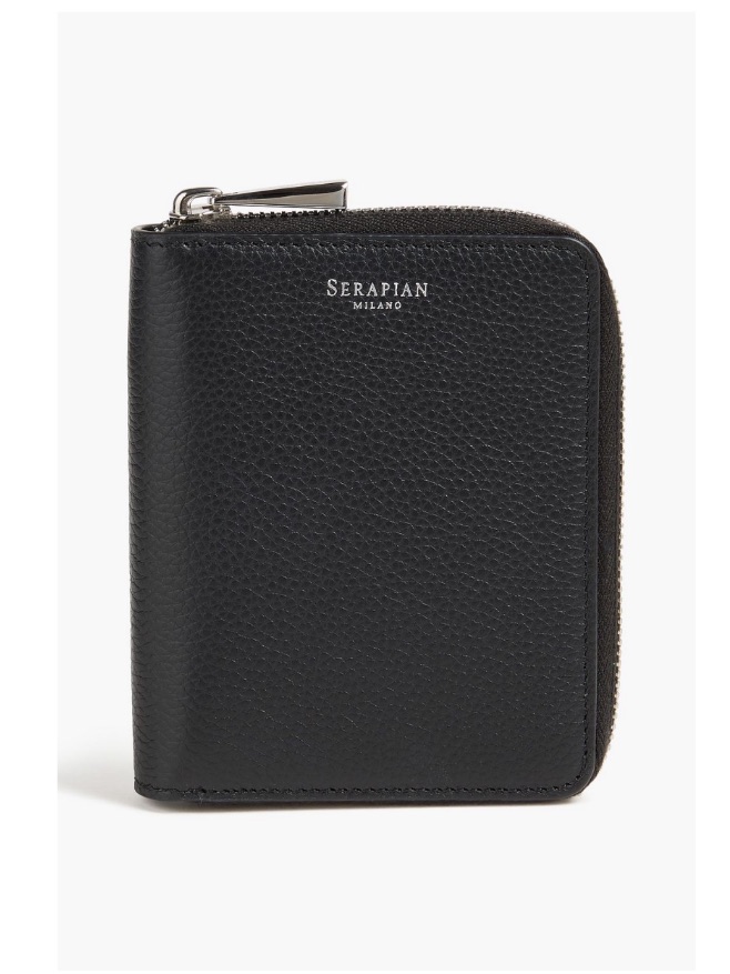 Nwt, Serapian Milano Black Pebbled- Leather Wallet, Half Zipper Opening